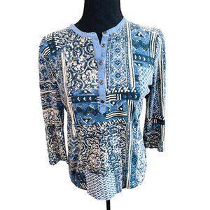 Ralph Lauren LRL Blue Patchwork Print Button-Front Henley Top M 100% Cotton